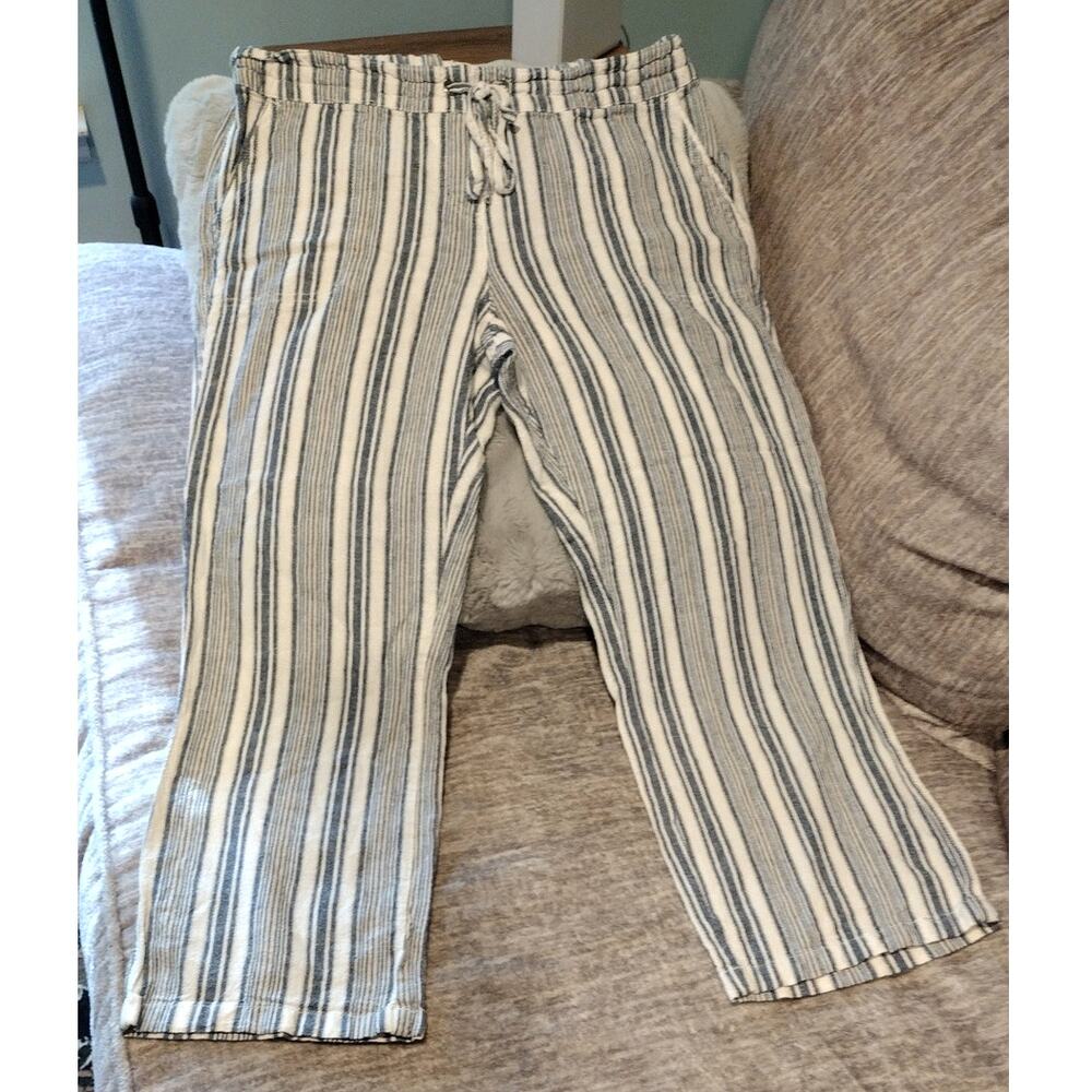 Per Se Large Striped Linen Cropped Pants Blue White Breathable Coastal Vacation